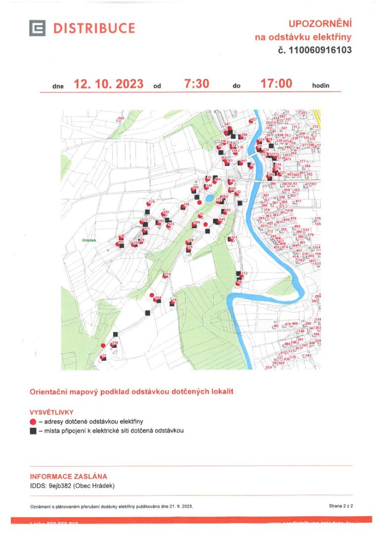 Upozornění na odstávku elektřiny - 12.10.2023 od 7:30 do 17:00 , 