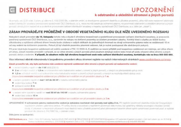 UPOZORNĚNÍ k odstranění a okleštění stromoví a jiných porosotů